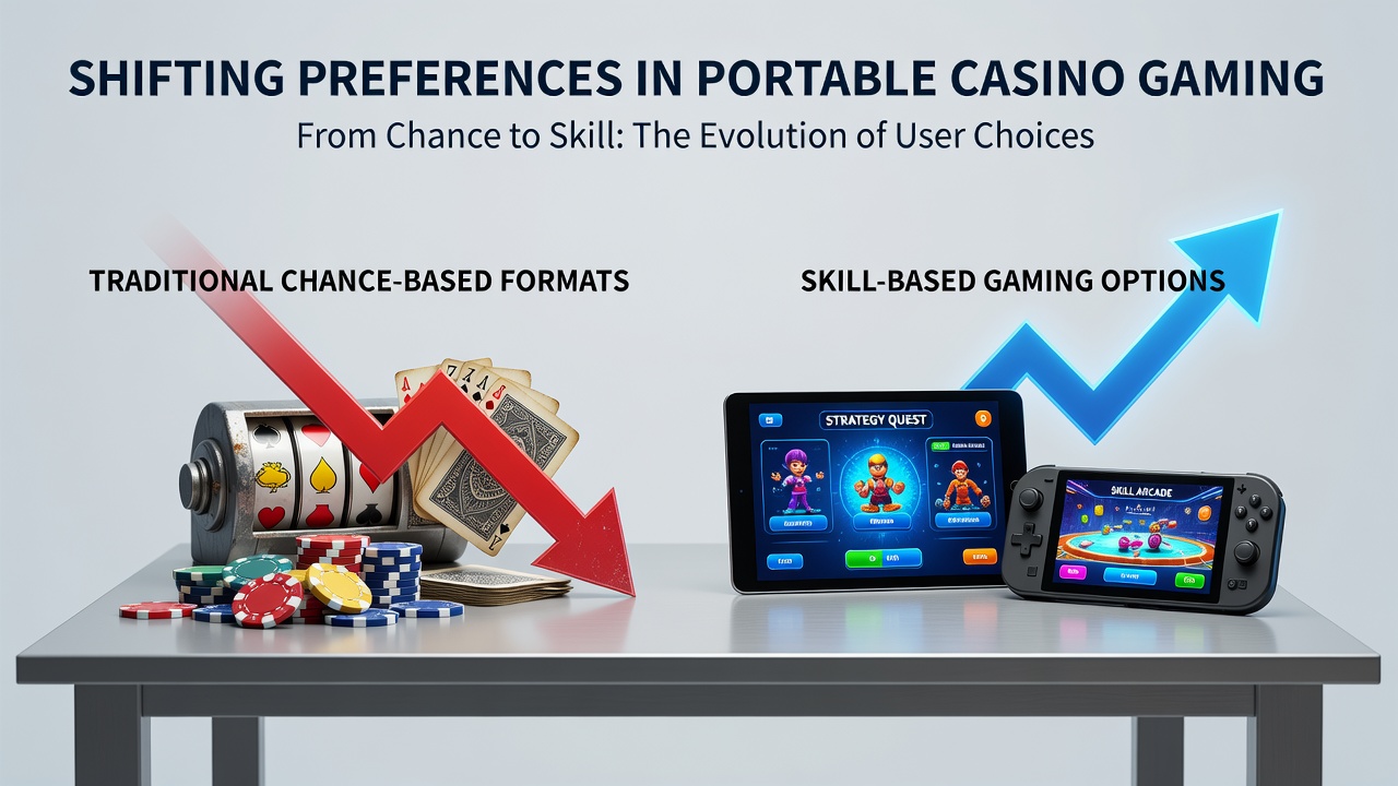 Mobile device displaying skill-based casino games alongside traditional slot interfaces in a portable environment