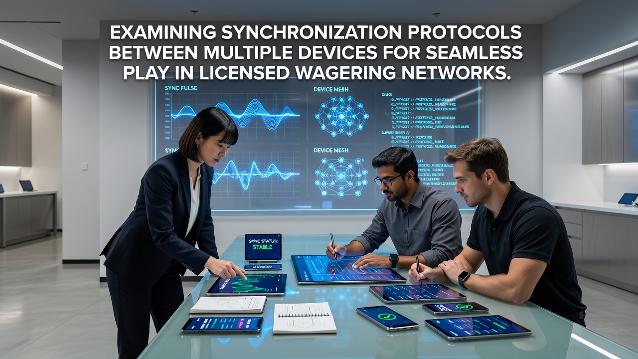 Diagram showing multiple devices connected through synchronization protocols in a licensed wagering network