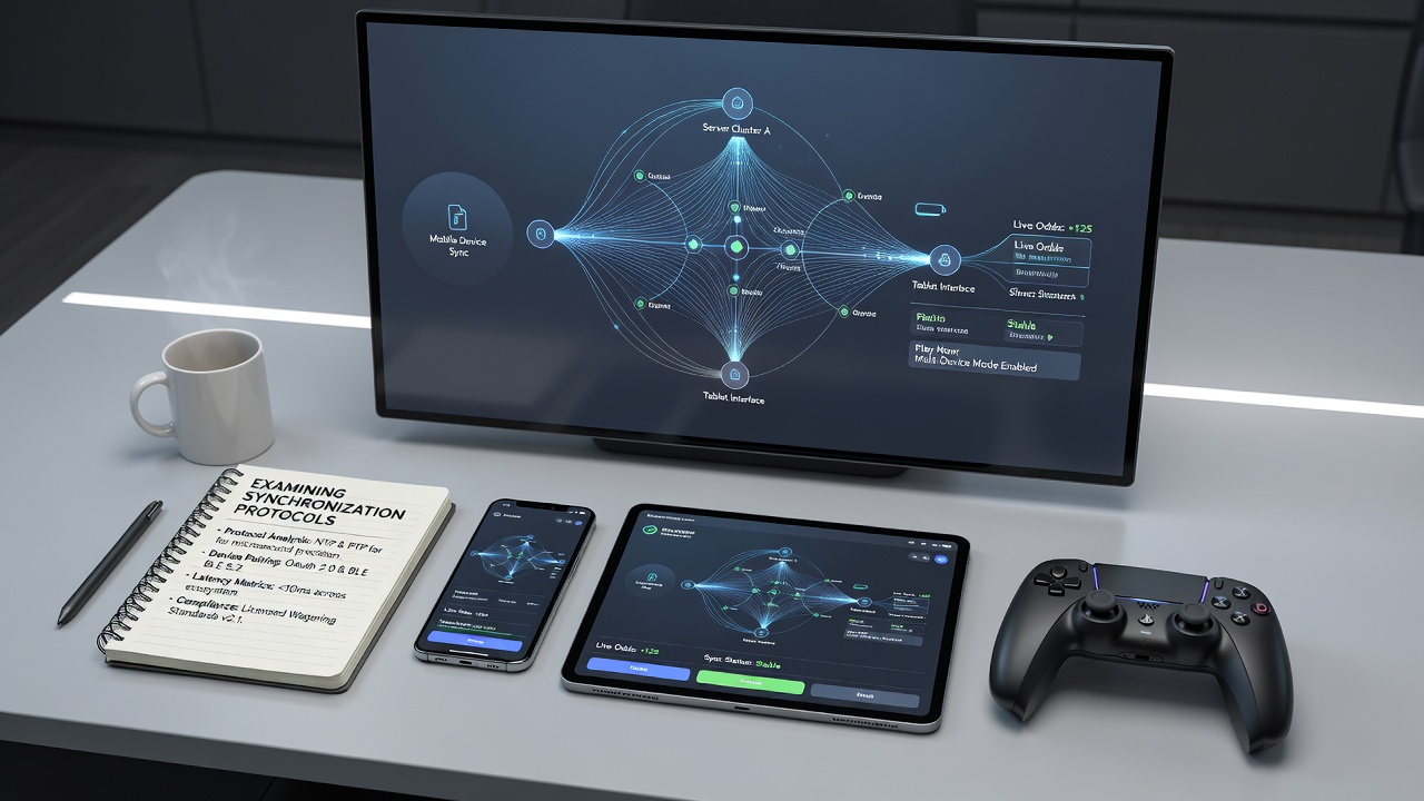 Illustration of real-time data flow between tablets, phones, and desktops in a wagering platform