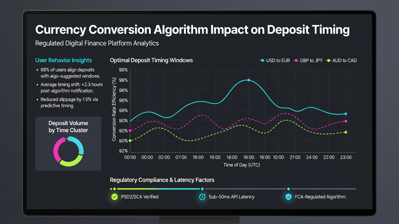 Dashboard view showing currency conversion rates and deposit timing options in a regulated wagering app