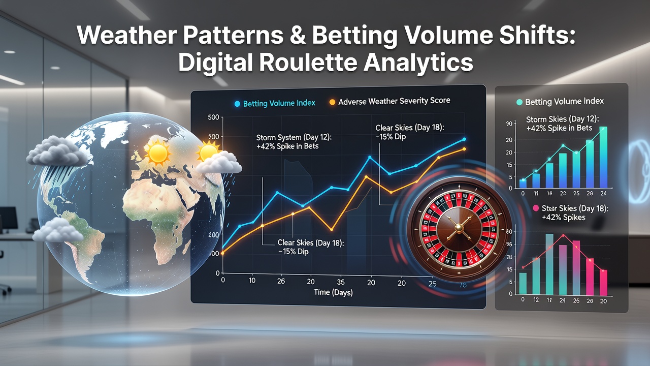Analytics dashboard displaying betting volume graphs overlaid with weather icons for rain and temperature