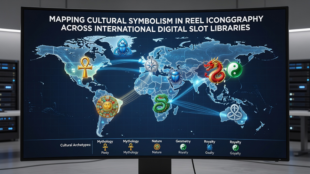 Digital slot reels displaying icons with cultural motifs from various global traditions including dragons, pyramids, and tribal patterns