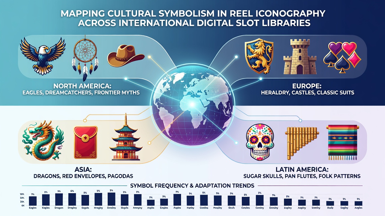 Data visualization charts showing distribution of cultural symbols across slot game libraries from Asia, Europe, and the Americas