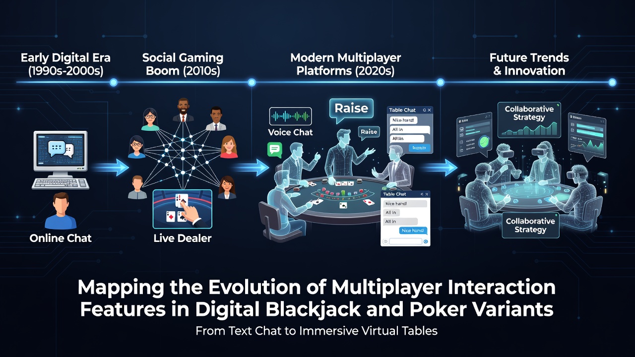 Modern digital poker and blackjack interface displaying integrated chat, reaction emojis, and multi-device synchronization indicators