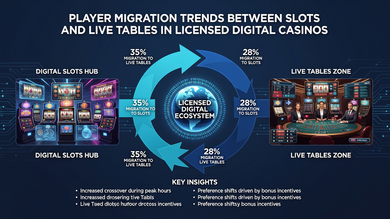 Chart displaying monthly migration statistics between slot games and live dealer tables across licensed platforms