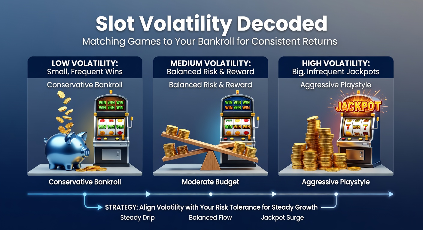 Colorful slot machine reels spinning with volatility indicators overlaid, showing low, medium, and high risk levels