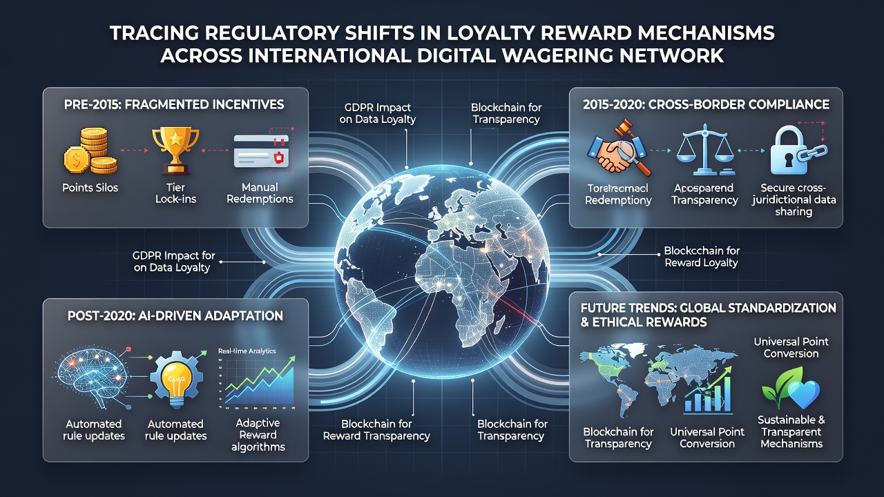 Global map overlay with digital wagering network diagrams showing loyalty reward adjustments