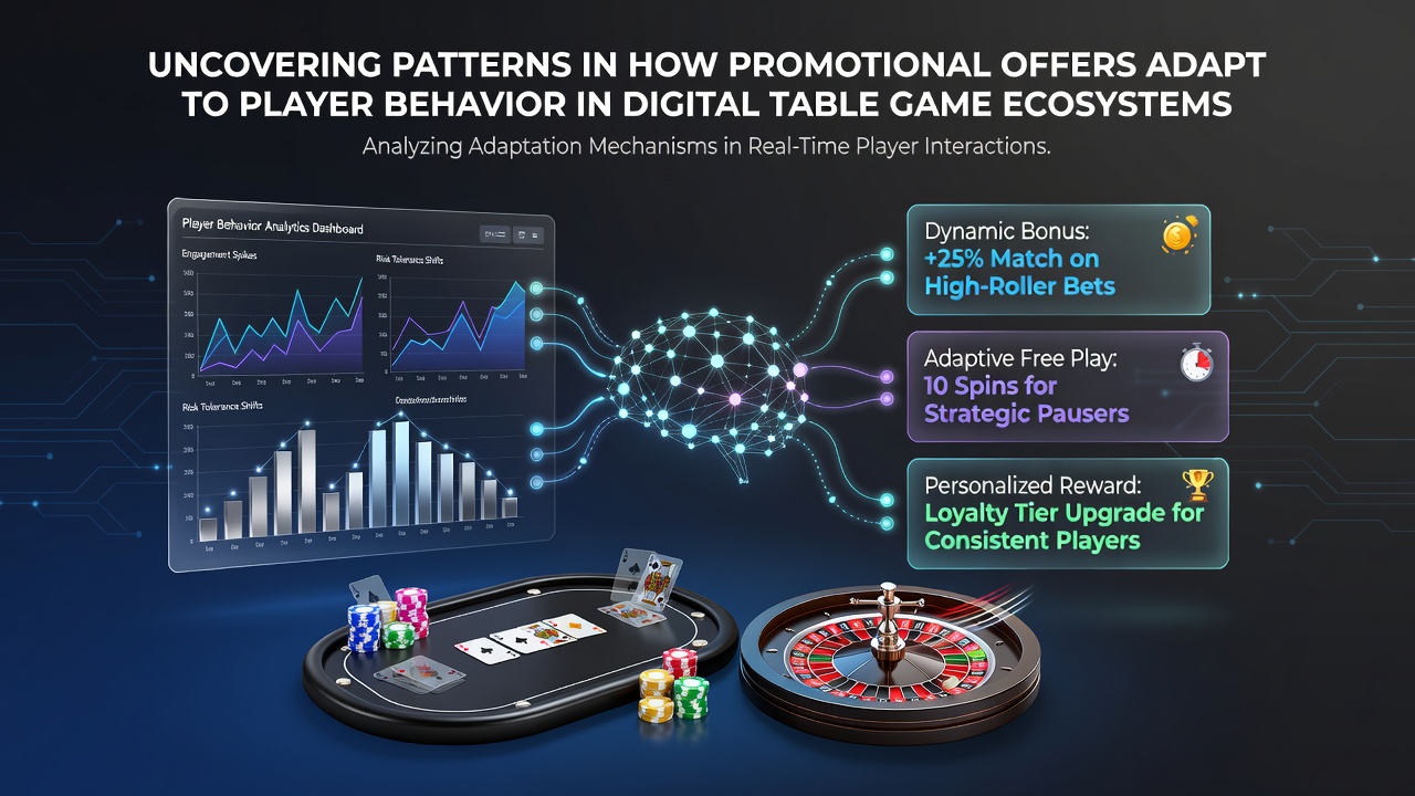 Digital table game interface showing adaptive promotional banners and player analytics dashboard